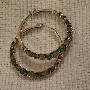 Gold and Green Stone Hoop Earrings Marked LC